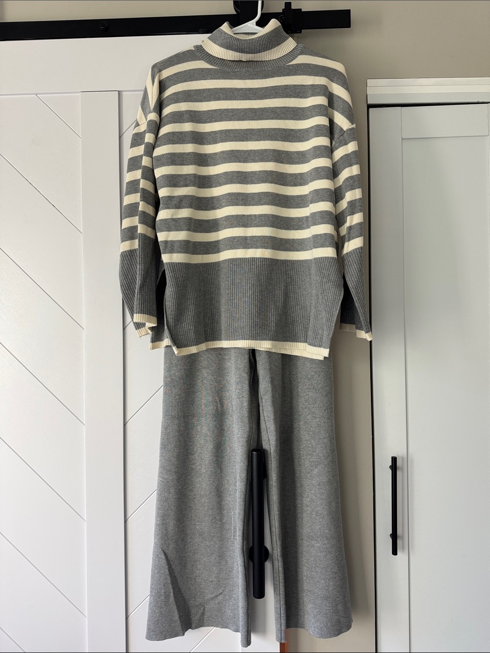 Striped Gray and Cream Mock Neck Sweater